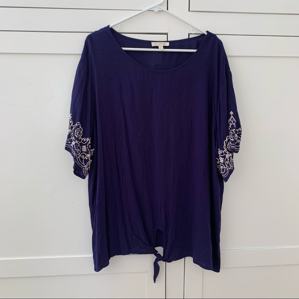Loralette Blue Floral Sleeves Top Front Tie Size 2X